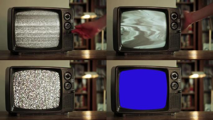 带有调谐问题和蓝色色度键屏幕的老式电视。特写。4k分辨率。