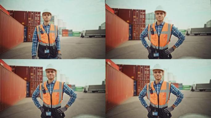 穿着白色安全帽，橙色高可见度背心，方格衬衫，牛仔裤和工作手套的英俊高加索工业工程师的肖像。工头或主管