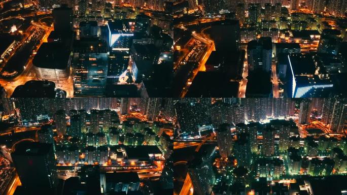 香港九龙湾区空中无人机夜景