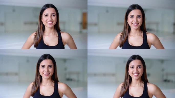健身舞蹈工作室穿着运动服微笑的亚洲女人的肖像