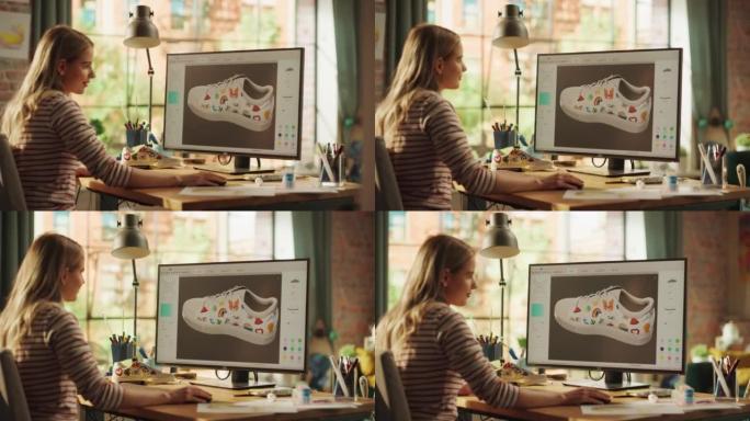 金发少女在家庭办公室工作期间，在大型台式电脑上创建和渲染独特运动鞋的3D模型。自由职业者和千禧一代的
