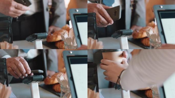 关闭使用智能手机进行非接触式支付的客户移动汇款使用数字交易服务技术在咖啡馆消费