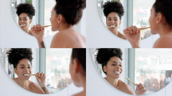 黑人妇女，镜子和刷牙，以确保早晨在家时的清洁，健康和卫生。女人，开始和清洁口腔，在浴室里健康、美容或