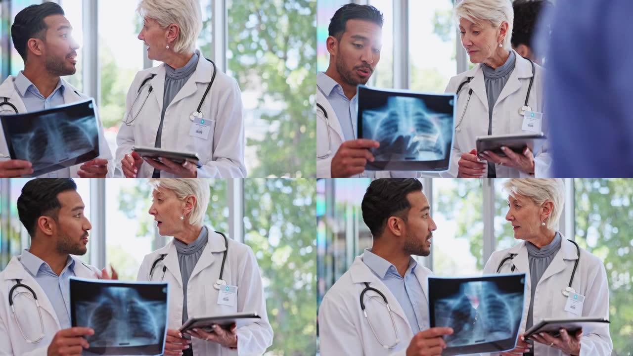 X射线，医院医生的咨询和团队合作与平板电脑讨论测试结果。医疗保健，放射学建议和医务人员，在诊所进行乳