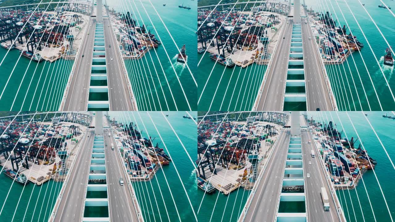 鸟瞰桥和港口海运码头港口轮船外贸易运输物