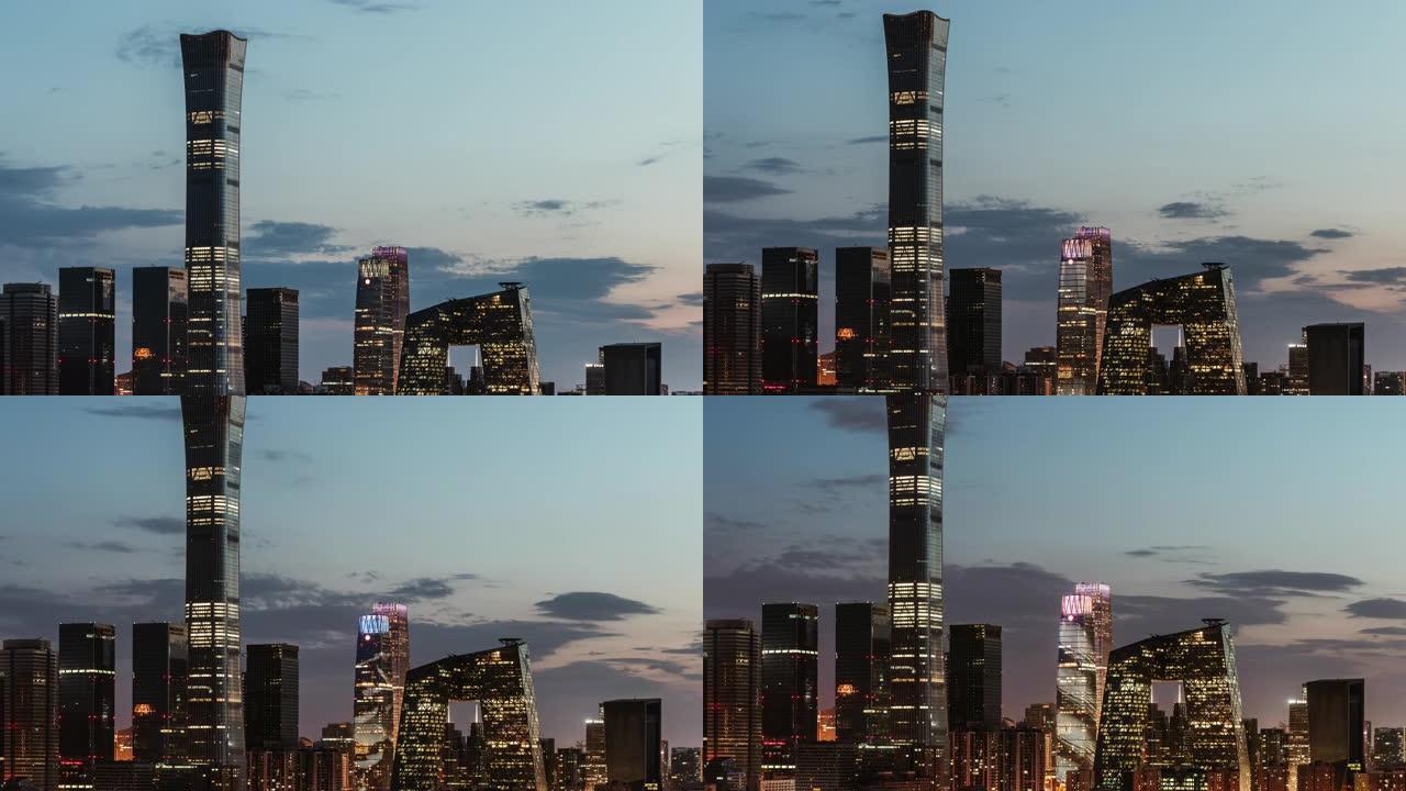 黄昏时北京天际线和市中心的T/L TD鸟瞰图/中国北京