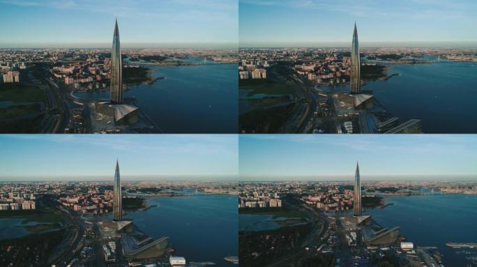 夏季，圣彼得堡北部城市景观的鸟瞰图与Lakhta中心