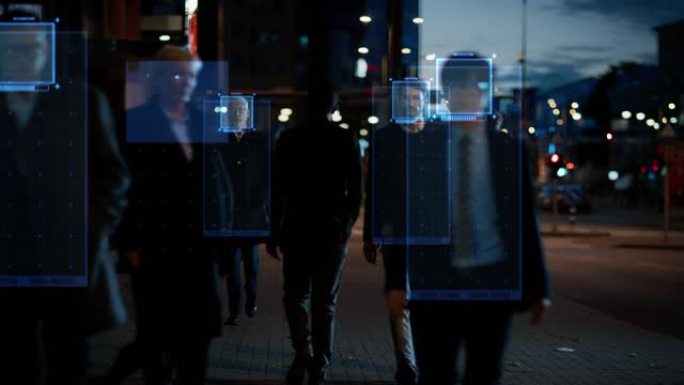 在繁忙的傍晚城市街道上行走的技术追踪着一群商人。CCTV AI人脸识别大数据分析界面扫描，显示动画信