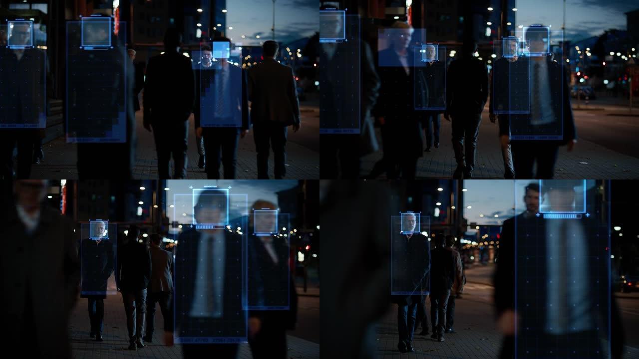 在繁忙的傍晚城市街道上行走的技术追踪着一群商人。CCTV AI人脸识别大数据分析界面扫描，显示动画信