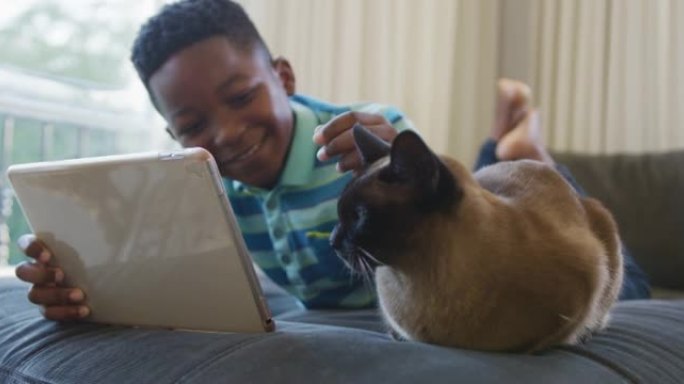 快乐的非洲裔美国男孩躺在沙发上，用平板电脑抚摸暹罗宠物猫，微笑着