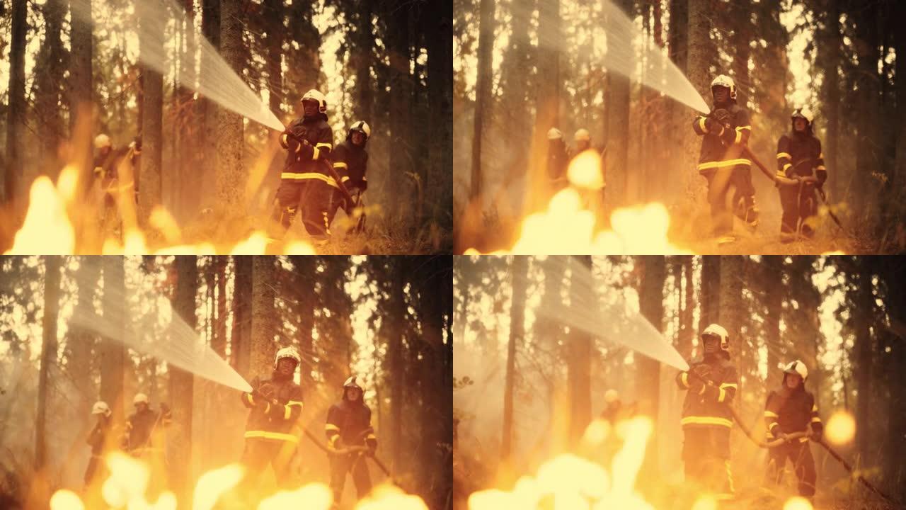 经验丰富的非洲裔美国消防员扑灭了森林深处的野火。专业的安全制服和头盔使用消防水带来对抗危险的野火。