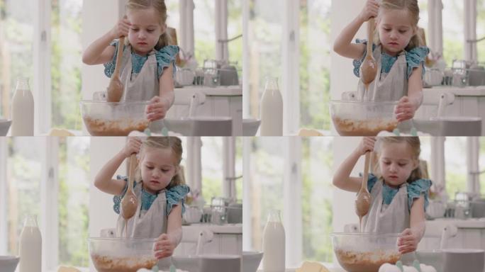 快乐的小女孩在厨房烘烤自制饼干面团配料有趣地在家准备美味的早餐4k镜头