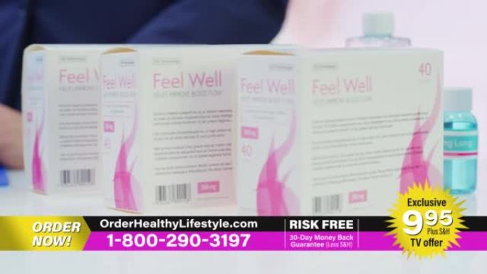 电视节目产品信息广告: 专业人士提供带有保健医疗补充剂的包装盒。展示美容膳食维生素产品。播放电视广告