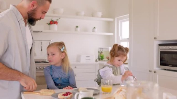 家庭，孩子和早餐与爸爸，父亲或男人在厨房与食物的孩子健康早晨的动力爱自由。在澳大利亚与父母一起健康饮