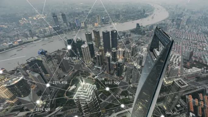 上海城市网络的T/L鸟瞰图和5g技术，白天到黄昏的过渡