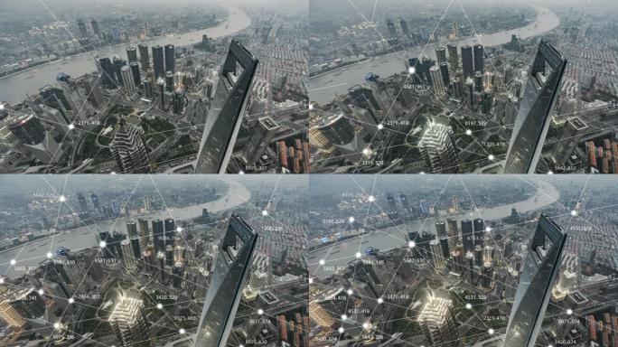上海城市网络的T/L鸟瞰图和5g技术，白天到黄昏的过渡
