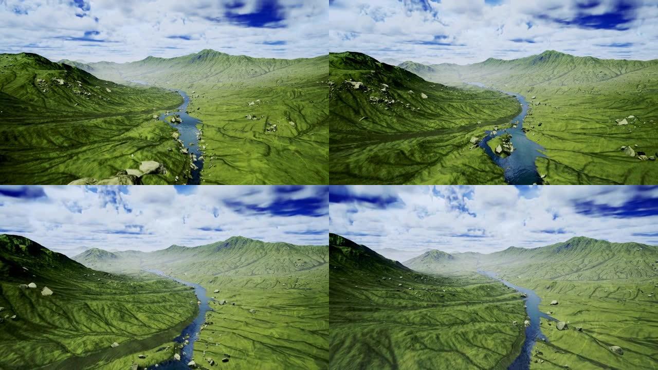 一个美丽的自然景观的三维可视化。相机飞过河床上，河床上有树。在远处，地平线上可以看到美丽的山脉。风景