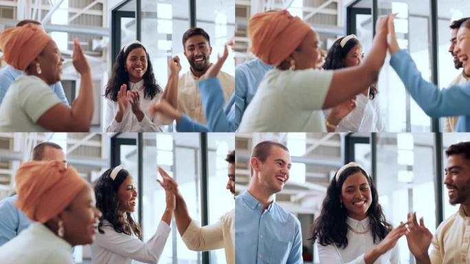 高五，业务团队和员工的多样性与协作，团队建设和会议。在具有动力和幸福庆祝的办公室研讨会上的成功，支持