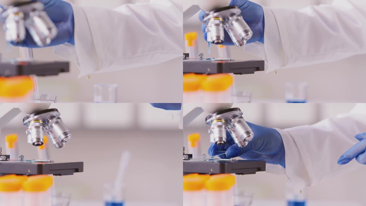 实验室工作人员在显微镜下将蓝色液体添加到载玻片上进行分析的特写镜头