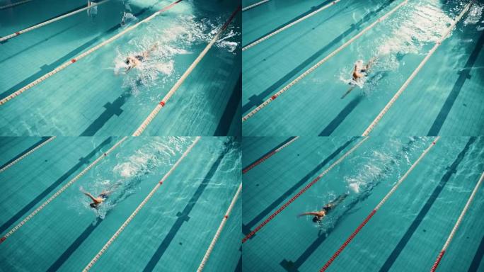 空中俯视图: 游泳池里美丽的女游泳者。专业运动员以自由式前爬方式游泳。坚定的人在训练中赢得冠军。电影