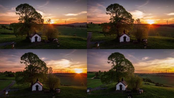 日落时田园诗般的乡村景观-空中拍摄