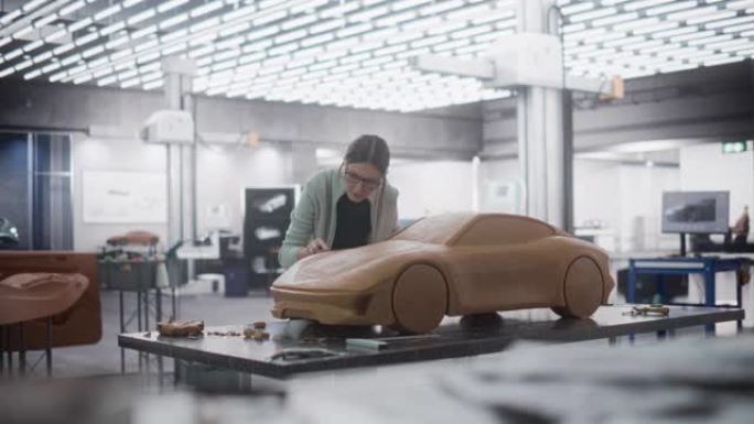 汽车建模师进入创意工作场所，从事由橡皮泥造型粘土制成的概念车。女性设计师使用刮刀来平滑现代电动跑车的