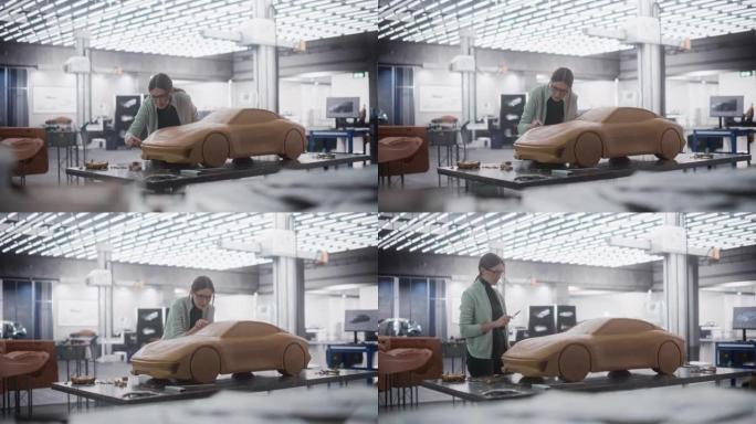 汽车建模师进入创意工作场所，从事由橡皮泥造型粘土制成的概念车。女性设计师使用刮刀来平滑现代电动跑车的