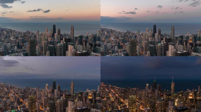 美国伊利诺伊州芝加哥市的时间推移鸟瞰图白天到晚上的芝加哥天际线全景与蓝天