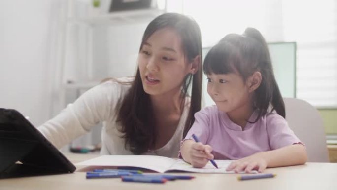 亚洲母女在家用数字平板电脑学习