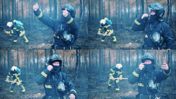 消防员，消防员，森林火灾概念。烧毁的森林，消防员在广播中交谈
