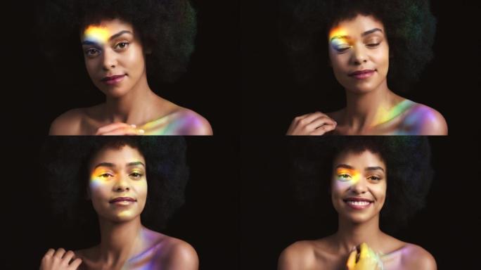 棱镜彩虹光反射，微笑和黑人女性模型与自然非洲头发和照明。一个快乐女性的肖像，她的脸、手和身体上有创意