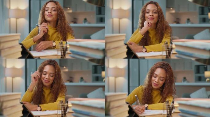 一个年轻的女学生在家里的餐桌上做作业。一个微笑的女性，卷发，成堆的书在学习和写笔记。年轻的律师进行研