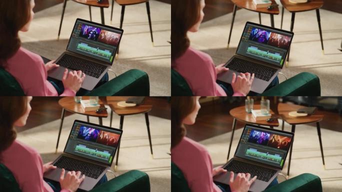 专业的女性摄像师使用笔记本电脑处理音乐视频蒙太奇。逼真的模拟视频音频编辑软件概念。创造者制造社交媒体