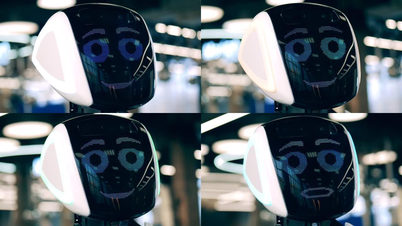 未来派机器人在脸上表达情感。机器人科学、技术、创新概念。