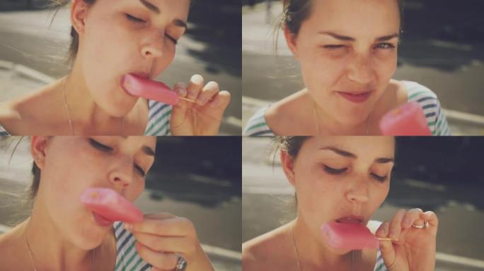 4k视频片段，一名妇女吃冰棍