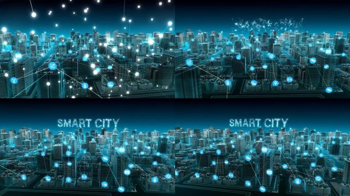 智能城市上的智能传感器图标，连接 “智能城市” 计算物联网。4k。