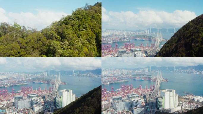 港城货港的货柜船飞越高山