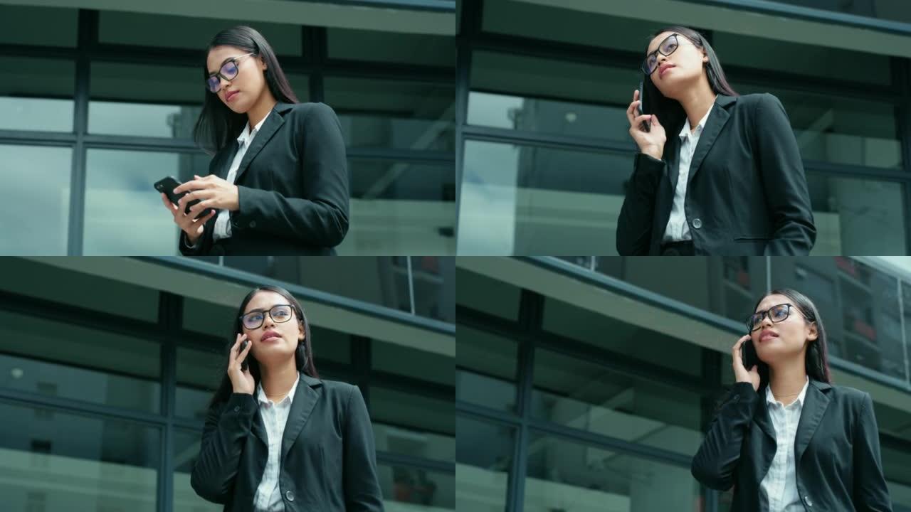 一名女商人使用智能手机打电话的4k视频片段