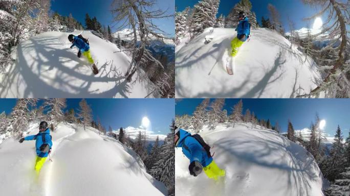 自拍照: 年轻的男性滑雪者在朱利安阿尔卑斯山的滑雪道上切碎了新鲜的战俘。
