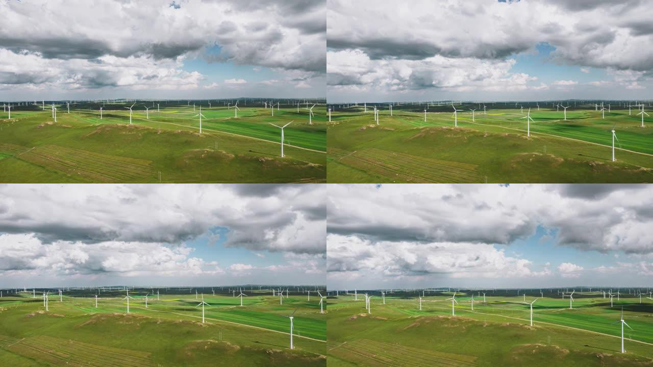 大草原上风力发电机场的超流和鸟瞰图