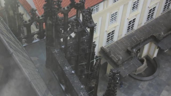 从捷克布拉格布拉格城堡圣维特大教堂的钟楼上看到的哥特式顶峰和鸽子。
