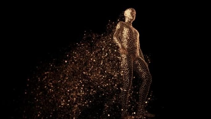 行走的人的多边形全息图由在黑色背景上行走的金色金属三角形组成，留下了金色粒子的痕迹