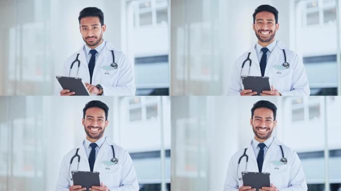 一位成功的男性医生在医院内的平板电脑上使用互联网发送处方。使用远程医疗的快乐医疗专业人员的肖像。GP