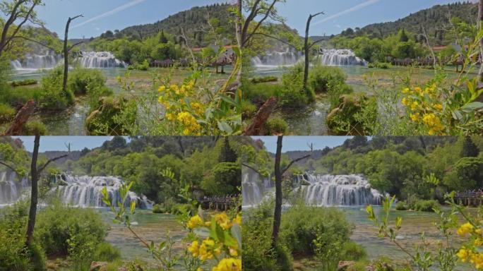 Krka国家公园的Skradin瀑布，前面有很多植物