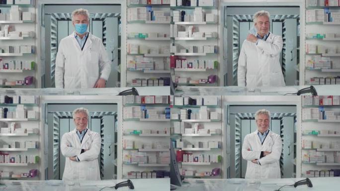 电影镜头中，药店里的男药师正在摘下医用外科防护口罩，微笑着。新冠肺炎概念、防护、冠状病毒、安全、保健