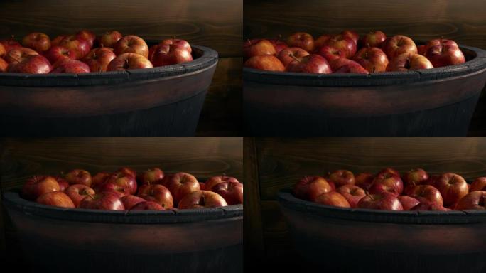 木桶中的红苹果，采摘者，农业