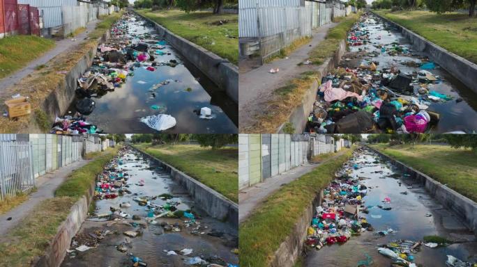 水污染。特写空中缩小了污染水道的可怕塑料污染，南非