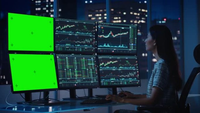 财务分析师在计算机上工作，该计算机具有带有绿屏色度键模拟模板和实时股票图表的多显示器工作站。女商人晚