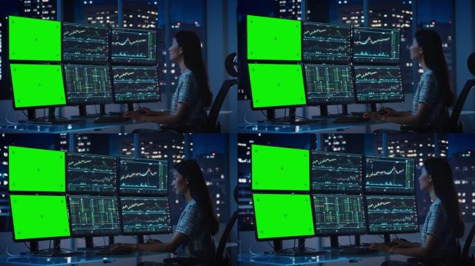 财务分析师在计算机上工作，该计算机具有带有绿屏色度键模拟模板和实时股票图表的多显示器工作站。女商人晚