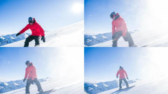滑雪者在滑雪场上雕刻，将积雪喷入相机中，背景是山